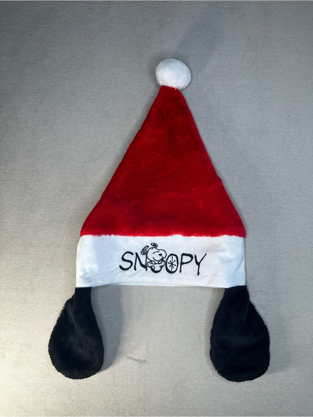 Snoopy Adult Red & White Holiday Hat with Black Ear Flaps